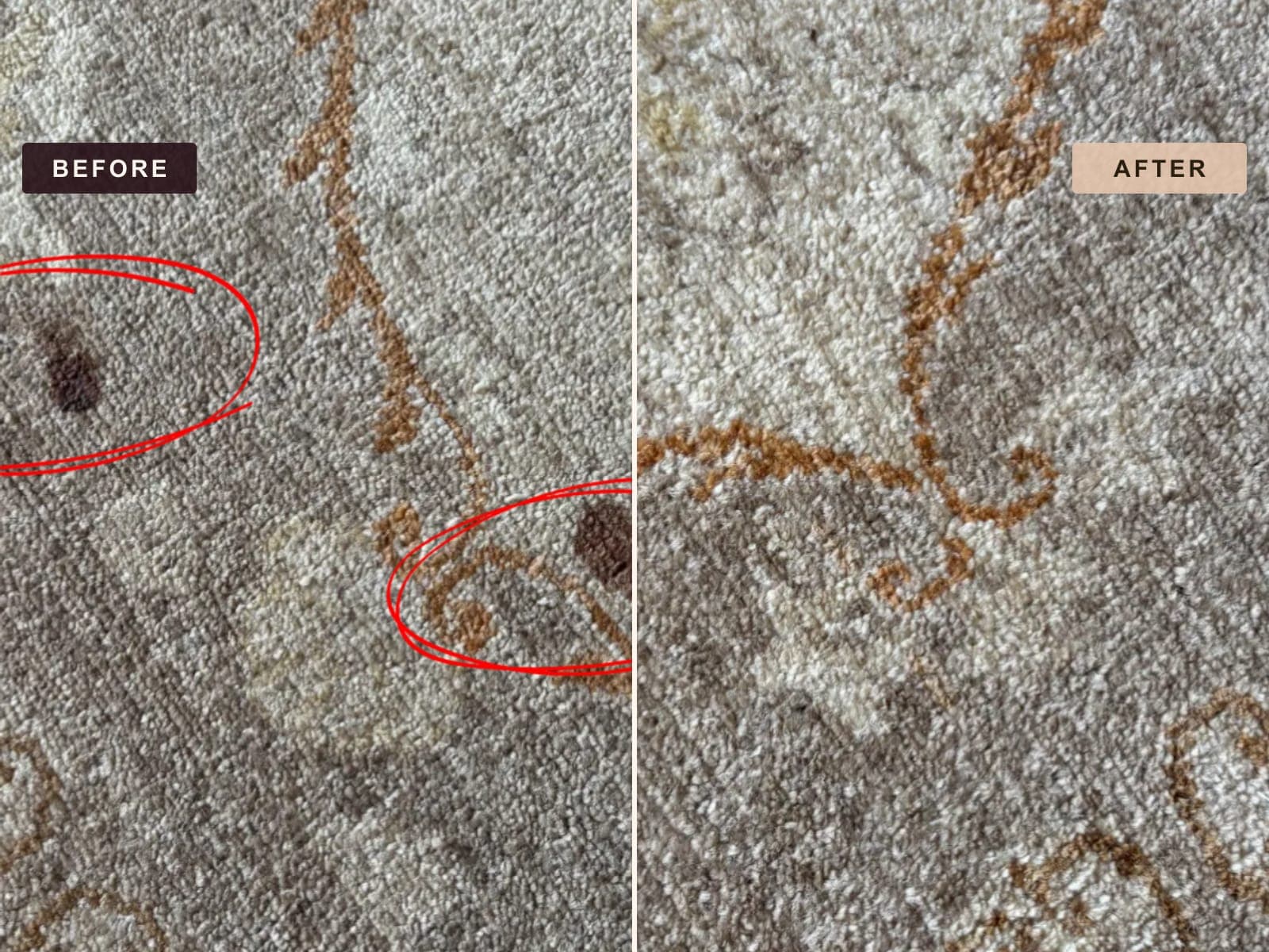 Before and after of a beige rug, dark spots circled in red on the left and the same pile clean on the right