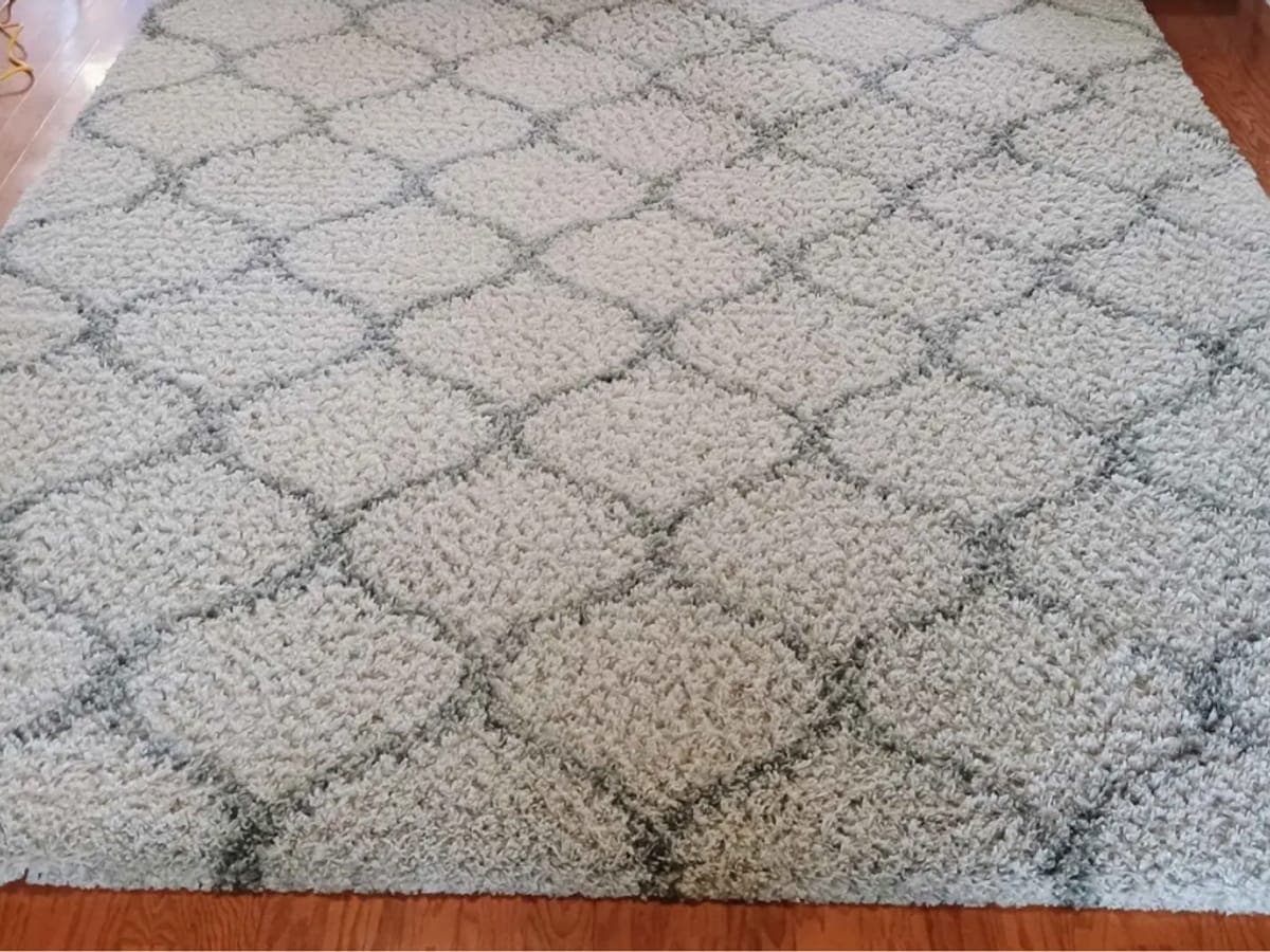 White shag rug with a gray trellis pattern on a hardwood floor, pile lifted and even after cleaning