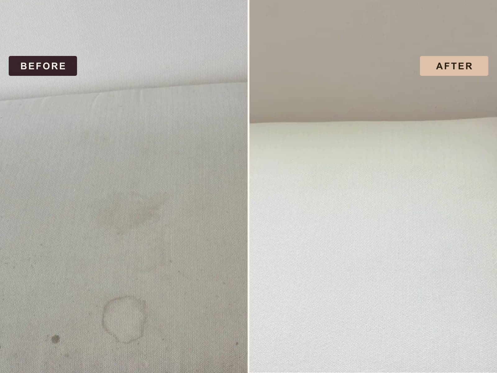 Before and after of a white bench cushion, drink rings and gray dinge on the left and the same fabric bright on the right